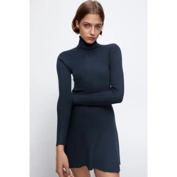 Zara Blue Ribbed Turtleneck Sheath Dress e - Picture 2 of 8